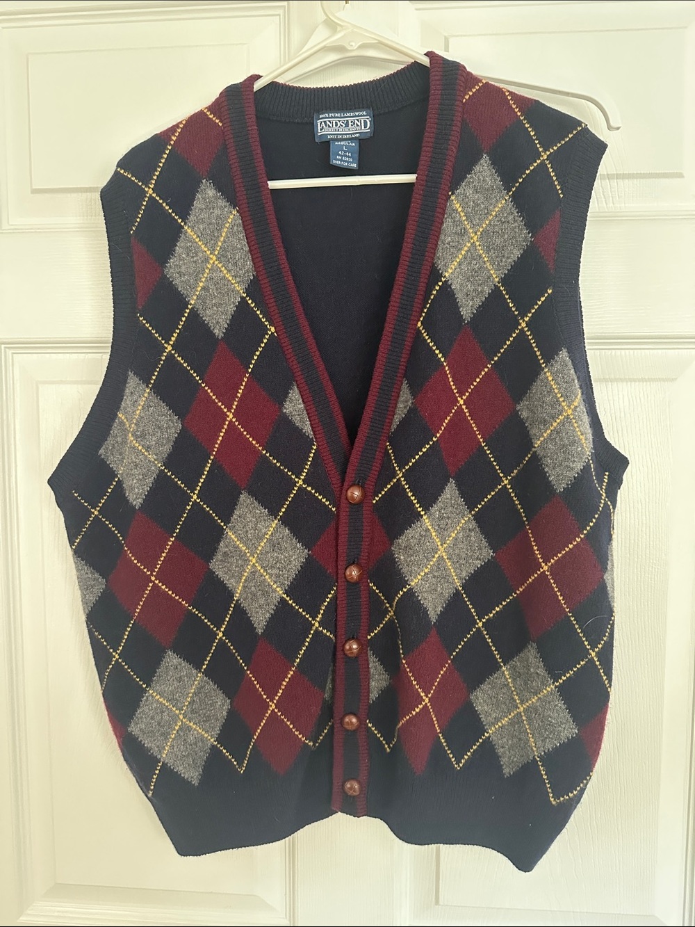 Lands' End Navy Argyle Button Vest with Burgundy and Gray